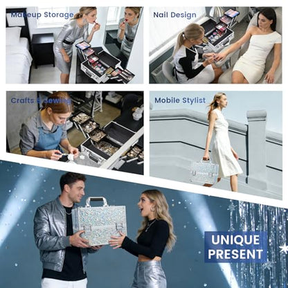 FRENESSA Makeup Case Cosmetic Train Case Organizer 11.8 Inch Large Makeup Box Travel Storage Make Up Train Carrying Case with 6 Trays Locking Hard Vanity Storage Glitter Silver - color: Silver