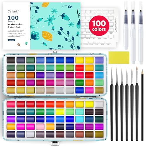 Caliart 100 Colors Watercolor Paint Set, Portable Art Supplies Palette Kit | Travel Metallic Water Color Paints, Art Coloring Painting Gifts for Adults Professionals Beginners Artists - size: 1 Count (Pack of 100)