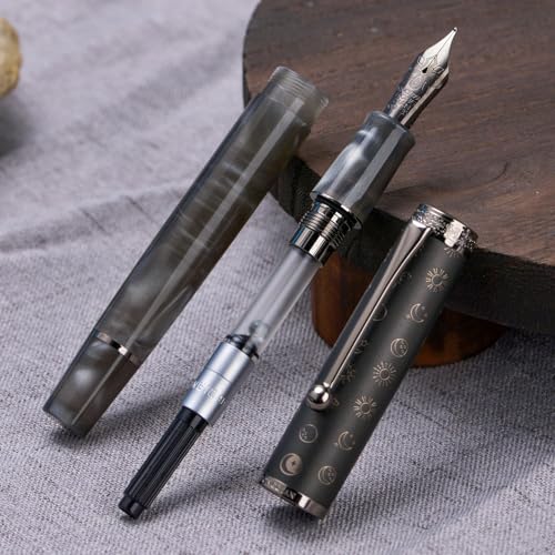 Hongdian N8S Gray Resin Fountain Pen Rabbit Pattern Cap, Iridium Fine Nib with Converter and Metal Pen Case Set - color: N8S Gray, style: Fine Point