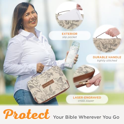 Christian Art Gifts Women's Premium Natural Canvas Vegan Leather Fashion Bible Cover: Amazing Grace - Inspirational Scripture, Sturdy Protective Book Carry Case Accessory, Creamy Brown Floral, Large - size: Large