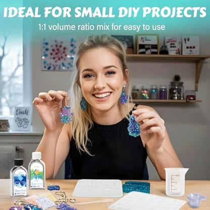 Suzzam 8OZ Epoxy Resin Jewelry Making Kit - No Yellowing, No Bubbles, Easy Mix 1:1, Crystal Clear Resin Kit with Silicone Mold & Resin Supplies for DIY Craft Jewelry