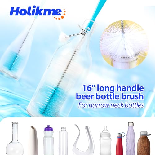 Holikme Bottle Brush Tube Cleaning Lab Set with Long Handle, Cup Cleaner for Washing Narrow Neck Beer Wine Decanter Pipes Lids Sinks Cap Covers, White - color: White