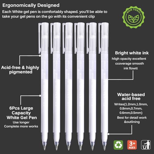 White Gel Pens, 6 Size Opaque White Ink Pens for Black Paper, Sketching, Drawing, Journaling & DIY Crafts, Ideal Drawing Pens for Artists & Art Supplies - size: 6