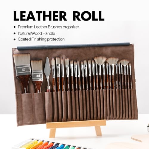 25 Pieces Paint Brushes, Expert Synthetic Nylon Bristles Paint Brush Kit with Palette Knife & Suede Leather Roll, Paint Brushes Set for Oil, Acrylic, Watercolor, Gouache and Detail Paintings