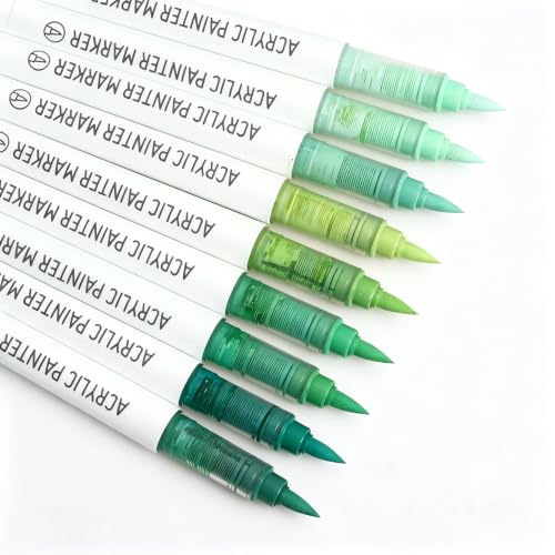 languo Acrylic Paint Markers, 9 Green Series Colors Acrylic Paint Pens, Soft Brush Tip Marker with Water Based Ink for Rock Painting, Wood, Glass, Fabric, DIY Art and Craft - color: Green Series