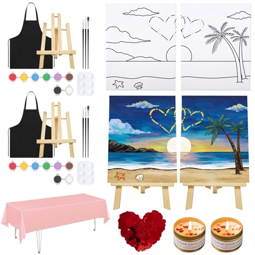 VOCHIC Sip and Paint Kit for Adult,2 Pack Pre Drawn Canvas Couple Painting Kit Date Night Couples Paint Art Set with Outline Canvas Valentine (Beach and Heart, 8 x 10 Inches) - style: Beach and Heart