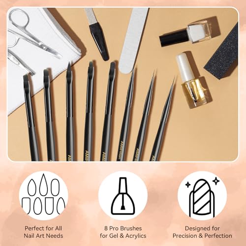 8PCS Nail Art Brush Set for Gel & Acrylic – French Tip, Flat, Oval & Carved Liner Brushes with Dotting Tools, Professional Builder Poly Gel Nail Design Kit - color: Black Wod 8PCS