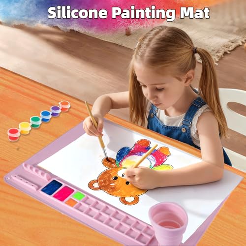 Silicone Painting Mat, 20"X16" Craft Mat,Large Art Mat with Built in Cup and Paintbrush Holder, Nonslip Clay Mats, Color Dividers Silicone Mats for Painting, Table, Resin and DIY Pink - color: Pink