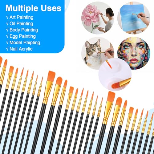Acrylic Paint Brushes Set, 30 Pcs (3×10 Pack) Nylon Hair Artist Paint Brushes for Acrylic, Watercolor & Oil, Fine Detailing for Canvas, Rock & Nail Art (Black) - color: Black