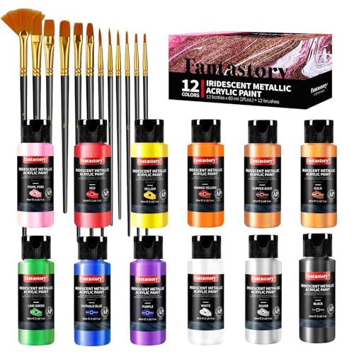 Fantastory Metallic Iridescent Acrylic Paint Set with 12 Brushes, 12 x 2oz Metallic Colors, Color-Shifting, Craft Paint Kit, Metal/Canvas/Rock/Stone/Ceramic/Model/Wood Painting [Balanced Series]. - style: 12 Balanced Metallic Colors