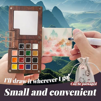 Mini Watercolor Travel Set – 15 Color Paint Kit with Wooden Palette, Magnetic Lid, Water Brush, Sketchbook for Travelers and Artists（C） - color: C