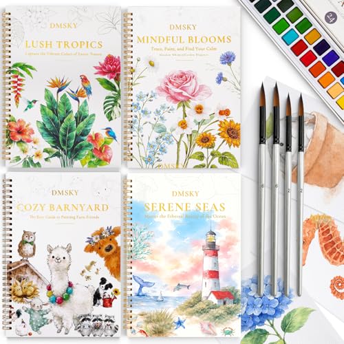 4 Pack Watercolor Workbook,Water Colors Paint Adult Set for Beginner with Step by Step,Relaxing & Easy to Paint Water Coloring Book with 24 Colors,Perfect for Gifting to Creativity & Joy for Adults - size: Floral+Ocean+Tropics+Farm Animal