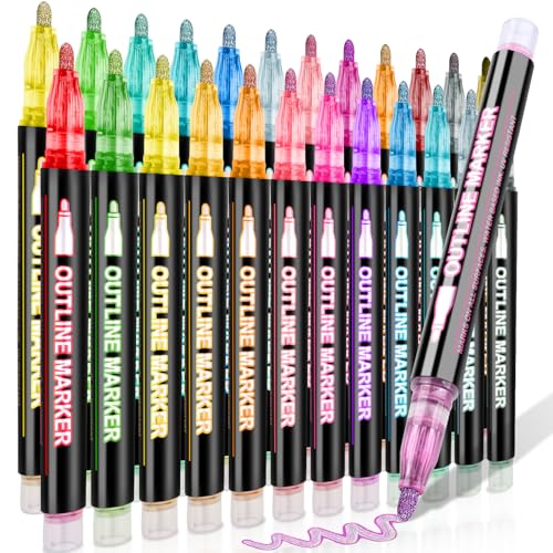 24 Colors Outline Glitter Markers, Double Line Shimmer Marker Pens for Christmas Greeting Cards, Outline Pens for Art Supplies for Scrapbook Crafts DIY Art Crafts - color: 24 Colors