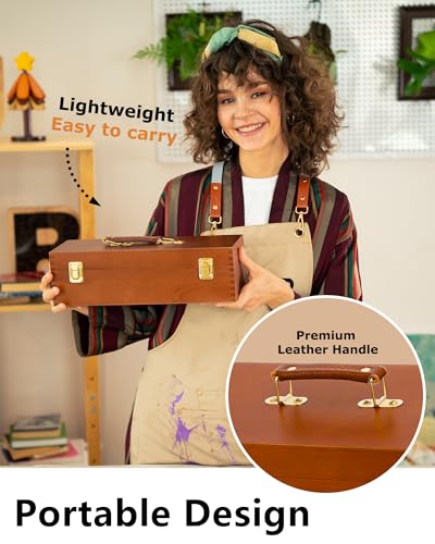 DJAR Multi-Function Artist Tool Box with Locking Clasps, Removable Tray Wooden Art Supply Box for Brushes, Pencils, Erasers,Artist Supplies Storage Organizer, Walnut - color: Walnut