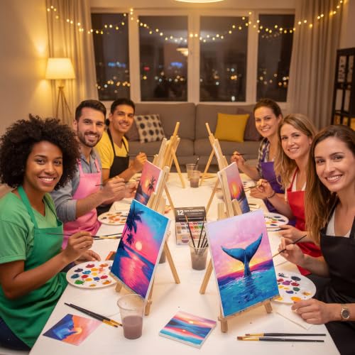 Cholemy 6 Set Paint and Sip Kit for Adults 8"x 10" Pre Drawn Canvas Painting with Wooden Easel Acrylic Paint Wash Cup Brushes Palette Apron for Painting DIY Adult's Date Party Supplies(Sunset Glow) - style: Sunset Glow