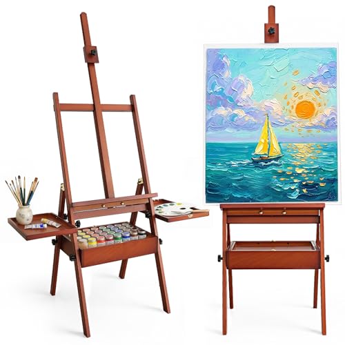 Foldable & Adjustable Art Easel with Storage Drawer Trays, Beech Wooden Easel Stand for Painting,H Frame Artist Easel for Painting Easel for Adults,Wood Easel Stand for Artist Students Studio - style: Enhanced Easel – Walnut Finish