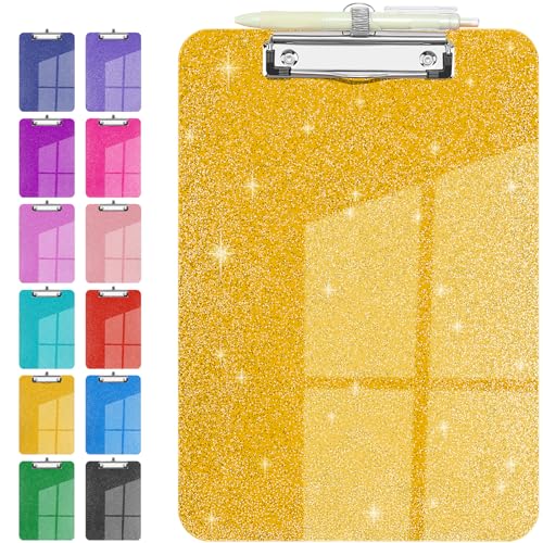 Sparkly Clipboard with Pen Holder Clear Plastic Glitter Clip Board Hanging Shiny Clipboards with Low Profile Metal Clip Letter A4 Size for Taecher Women Office School (Golden Yellow) - color: Golden Yellow