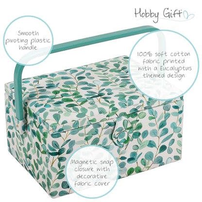 Hobby Gift Medium Sewing Box Organiser, Fabric Covered Storage Box with Handle, Internal Tray, Pin Cushion and Pocket for Sewing, Quilting and Knitting Supplies - color: Eucalyptus
