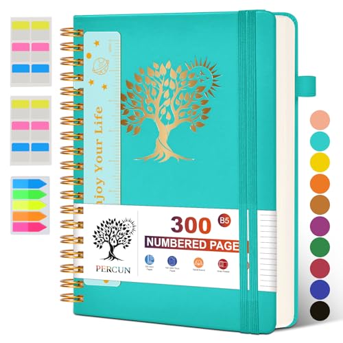 PERCUN B5 Spiral Notebook 300 Numbered Lined Pages Hardcover Journal 7"x10" | College Ruled Spiral Bound Notebook with Tabs, Large Leather Journal for Women Men, Work, School, Travel,Writing,Note Taking - color: Blue, size: B5 size (7in x 10in)