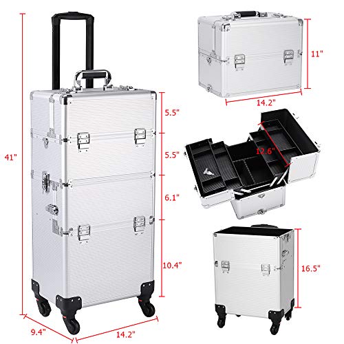 mefeir 3 in 1 Rolling Makeup Train Case, Large Cosmetic Trolley with 360° Rotation Wheels & 2 Drawers, Professional for Makeup & Tattoo Artist & Hairstylist - color: Silver