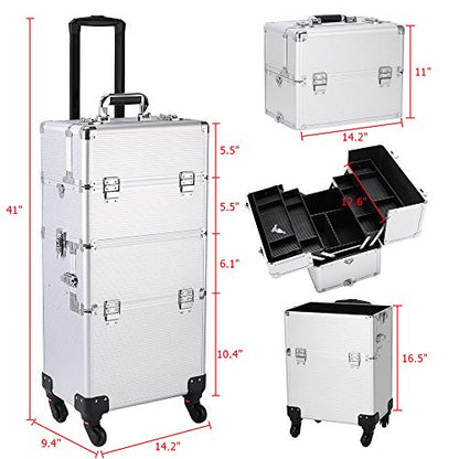 mefeir 3 in 1 Rolling Makeup Train Case, Large Cosmetic Trolley with 360° Rotation Wheels & 2 Drawers, Professional for Makeup & Tattoo Artist & Hairstylist - color: Silver