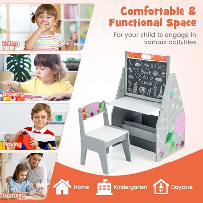 HONEY JOY Kids Art Easel, Wooden Double-Sided Toddler Table & Chair Set w/Adjustable Magnetic White Board & Chalkboard, Bookshelf & Storage Bin, Arts & Crafts, Kids Art Table for Boys Girls (Gray) - color: Gray