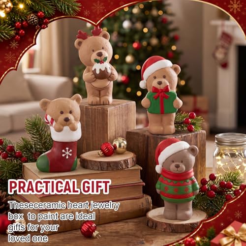 Soulchen 17 Pcs Paint Your Own Christmas Bear Ceramic Paint Craft Set Include 12 Unpainted Ceramic Bears 2 Strips of Paints with 2 Brushes 1 Palette Toys Gift for Birthday Christmas - style: Christmas Bear