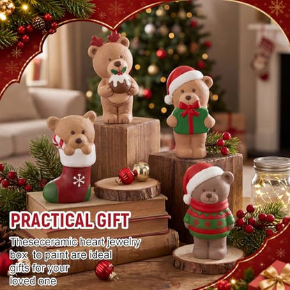 Soulchen 17 Pcs Paint Your Own Christmas Bear Ceramic Paint Craft Set Include 12 Unpainted Ceramic Bears 2 Strips of Paints with 2 Brushes 1 Palette Toys Gift for Birthday Christmas - style: Christmas Bear