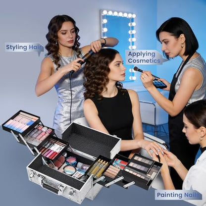 FRENESSA Makeup Case Cosmetic Train Case Organizer 11.8 Inch Large Makeup Box Travel Storage Make Up Train Carrying Case with 6 Trays Locking Hard Vanity Storage Glitter Silver - color: Silver