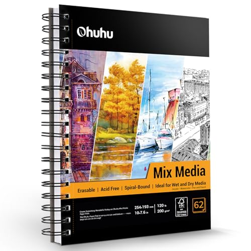 Ohuhu Mix Media Pad, 7" x 10" Mixed Media Art Sketchbook, 120 LB/200 GSM Heavyweight Papers, 62 Sheets/124 Pages, Spiral Bound Mixed Media Paper Pad for Acrylic, Painting Christmas Gift - size: 7" x 10"