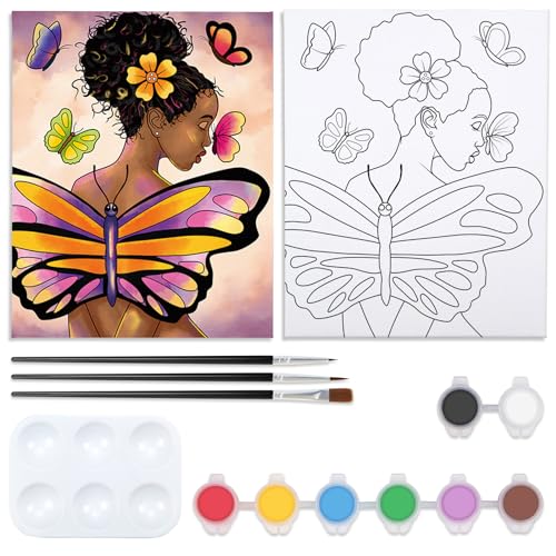 VOCHIC Pre Drawn Canvas for Painting for Adults Paint and Sip Kit Painting Party Supplies 8 Acrylic Colors,3 Brushes,1 Palette Art Set Butterfly Girl 12x16 in - size: 12x16, style: Style 1
