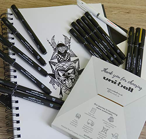 uni-ball Uni Pin Black Fineliner Art Pens. Premium Assorted Nib Sizes + One Gel Pen For Precise Sketch, Handwriting & Technical Drawing. Permanent Fade and Waterproof Super Ink. Set of 14 Pens