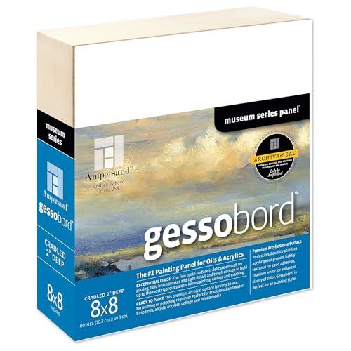 Ampersand Art Supply Museum Series Gessobord | 8x8 | 2" Cradled Profile | Gesso Wood Painting Panel for Oil and Acrylic Paint & Mixed Media | Canvas Panel Alternative in Professional Art Supplies - size: 8" x 8", style: 2 Inch Cradle