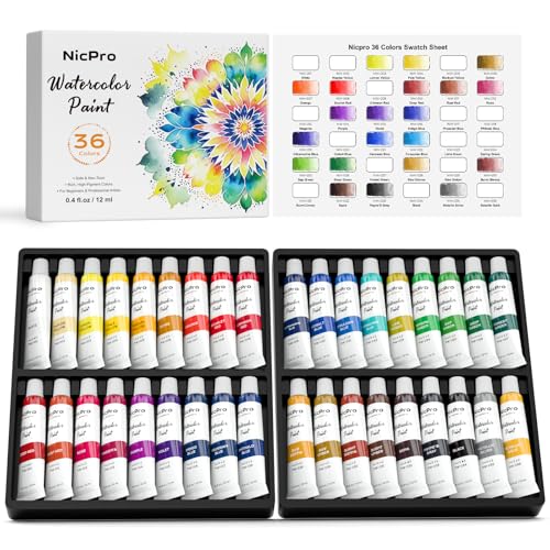 Nicpro Watercolor Paint Set for Adults, 36 Colors Watercolor Tube Set (12ml, 0.4oz), High Pigment Travel Water Color Painting Supplies for Artists Beginners, Color Wheel & Swatch Cards Included - color: 36 Colors without Accessories