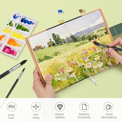 Watercolor Sketchbook,8.2 x 5.5 inch,20 Sheets Hot Press 100% Cotton 300 GSM 140lb,A5 Watercolor Paper for Art Painting, Drawing, Mixed Media - color: green