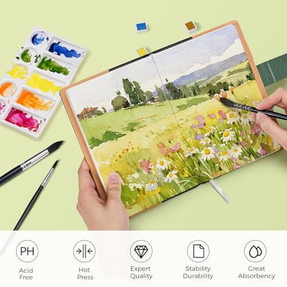 Watercolor Sketchbook,8.2 x 5.5 inch,20 Sheets Hot Press 100% Cotton 300 GSM 140lb,A5 Watercolor Paper for Art Painting, Drawing, Mixed Media - color: green