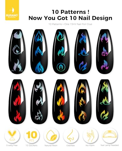 BURANO Nail Art Nail Foil Glue Gel, o.5 oz with 10PCS Foil Stickers Set Nail Foil Glue for Nails Foil Transfer Gel, Nail Design DIY UV LED Lamp Required (Fire 21) - color: Fire 21