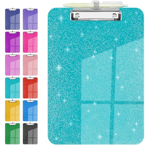 Sparkly Clipboard with Pen Holder Clear Plastic Glitter Clip Board Hanging Shiny Clipboards with Low Profile Metal Clip Letter A4 Size for Taecher Women Office School (Clear Green) - color: Clear Green
