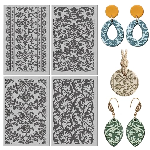 4 Pcs Retro Victorian Textures Pattern Polymer Clay Texture Sheet Ornamental Rubber Clay Texture Mat for Polymer Clays Making Earrings Jewelry DIY Crafts, 4 × 2.5 Inch - style: Retro Victorian