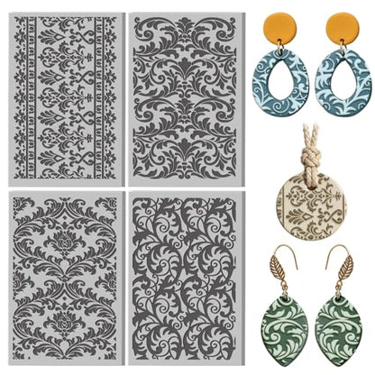 4 Pcs Retro Victorian Textures Pattern Polymer Clay Texture Sheet Ornamental Rubber Clay Texture Mat for Polymer Clays Making Earrings Jewelry DIY Crafts, 4 × 2.5 Inch - style: Retro Victorian