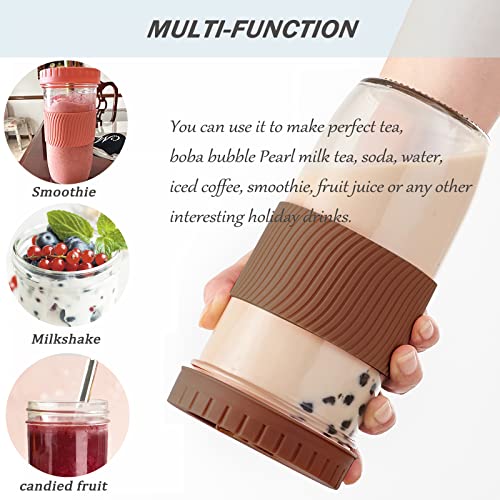 Amyoole 2 Pack Reusable Boba Cup,24Oz Wide Mouth Smoothie Cup,mason Jar Glass Cups with Lids and Straws,Bubble/Boba Tea Cups,Ice Coffee Tumbler 2 colored straws 1 sponge brush(Brown) - color: Brown