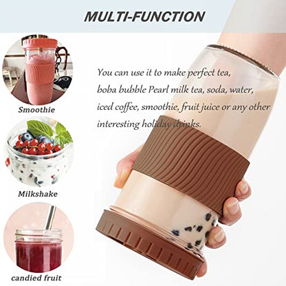 Amyoole 2 Pack Reusable Boba Cup,24Oz Wide Mouth Smoothie Cup,mason Jar Glass Cups with Lids and Straws,Bubble/Boba Tea Cups,Ice Coffee Tumbler 2 colored straws 1 sponge brush(Brown) - color: Brown