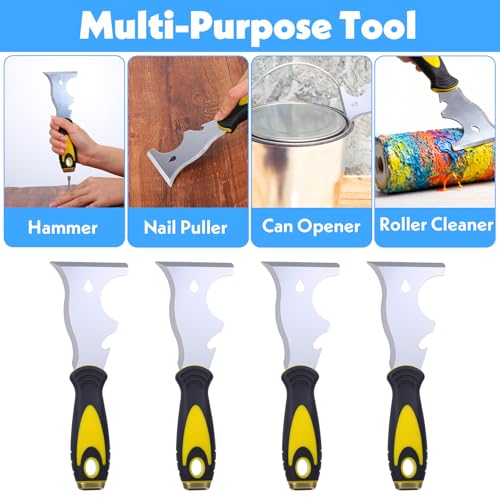 4PCS Stainless Steel 10 In 1 Multi Function Paint Scraper, Putty Knife, Taping Knife, Spackle Tool, Metal Scraper With Hammer End