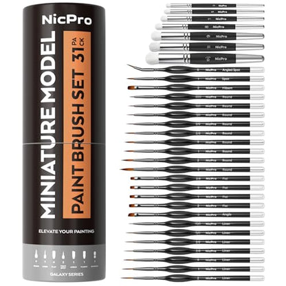 Nicpro Miniature Paint Brushes Drybrush - 31PCS Model Paint Brush Set for Acrylic Oil Watercolor, Detail Paint Brush Dry Brush for Model, Miniature Painting, Paint by Numbers, Craft - with Container - style: 31 Pack (Detail+Drybrush)