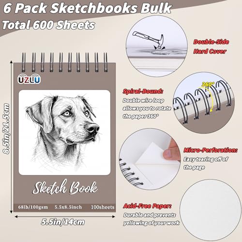 6 Pcs Sketch Book Bulk 5.5 x 8.5 In 600 Sheets Top Spiral Bound Sketch Pad Drawing Paper 100 Sheets Each Acid Free Mixed Media Sketchbook 68lb/100gsm Art Supplies for Beginner Artist - size: 5.5x8.5in, style: Total 600 sheets-6pcs