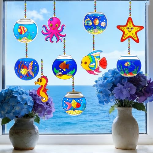 Ayhuhra 30 Sets Fishbowl Suncatcher Craft Kits Make Your Own Sea Animal Fish Tank Scene DIY Window Paint Art Sun Catcher Kit for Home Party Activities Art Project - style: Fishbowl