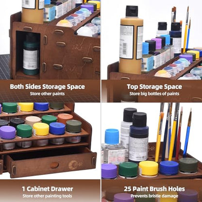 OPHIR Wooden Paint Holder Rack, 50 Holes Dia.1.42 Inches, Painting Brush Holder with 24 Slots, 1 Drawer, 25 Brush Holes, Miniature Paint Storage, Walnut-Toned Finish - color: (Dia.1.42")50 Paint Holes+1x Paint Brush Holder+1x Drawer+25x Paint brush Hole