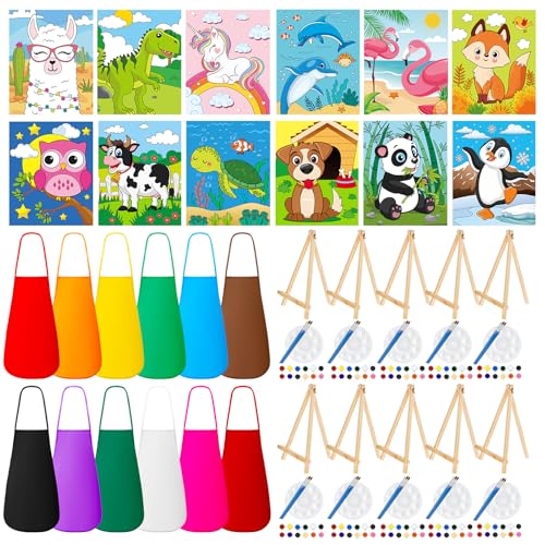 Ireer 84 Pcs 12 Sets Paint Party Kits Animal Pre Drawn Canvas, Wooden Easel, Paintbrushes, Palette, Acrylic Paints and Aprons, Pre Drawn Canvas to Paint for DIY Birthday Party Gift(5 x 7 Inches) - size: 5 x 7 Inches