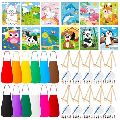 Ireer 84 Pcs 12 Sets Paint Party Kits Animal Pre Drawn Canvas, Wooden Easel, Paintbrushes, Palette, Acrylic Paints and Aprons, Pre Drawn Canvas to Paint for DIY Birthday Party Gift(5 x 7 Inches) - size: 5 x 7 Inches