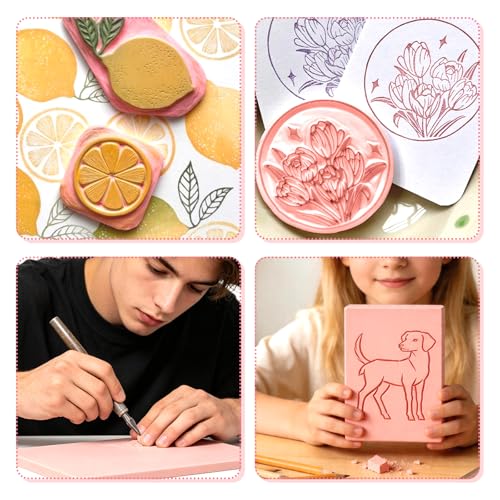 4 PCs 4x6 Inch Linoleum Blocks for Printmaking, Stamp Carving & DIY Linocut | Pink Rubber Stamp, Soft 0.8cm thick, Smooth, clean cuts, Beginner-friendly; For cards, fabric & classroom art - style: 4pack